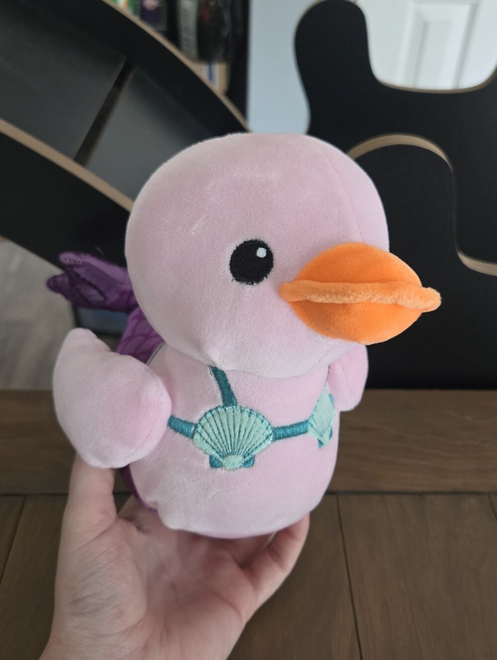 Plush Pink Mermaid Duck Toy with Orange Beak Shell Bikini Design - Picture 2 of 6